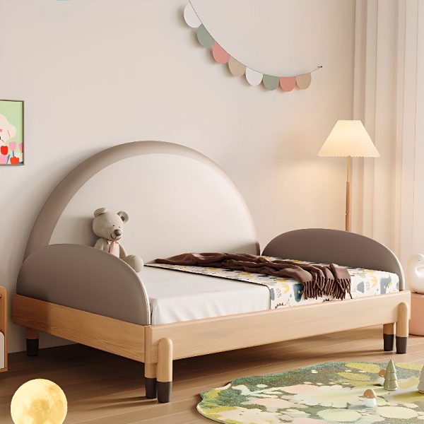 "Light Gray Trendy Ash Wood Standard Kids Bed with Genuine Leather, Headboard, Coir Mattress & Detachable Guardrails"