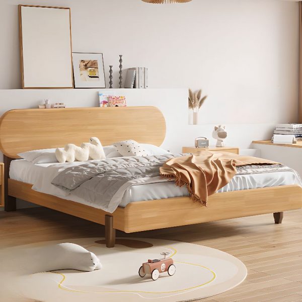 "Simplistic Natural Color Rubberwood Standard Kids Bed with Headboard, Coir Mattress Fill, Gender Neutral"