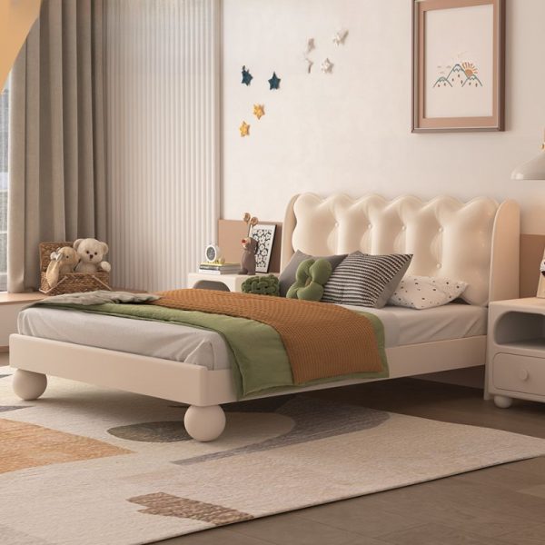 "Chalk-Styled Modern Wood Standard Kids Bed with Cotton Upholstery, Headboard, and Latex/Coir Mattress for Gender Neutral"