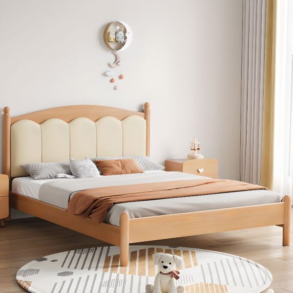 "Natural Color Modern Wood Standard Kids Bed with Faux Leather, Headboard, Footboard, and Coir Mattress"