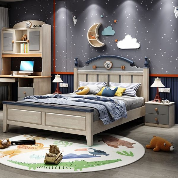 "Gender Neutral Trendy White Lumber Standard Children Bed with Headboard and Latex Mattress"