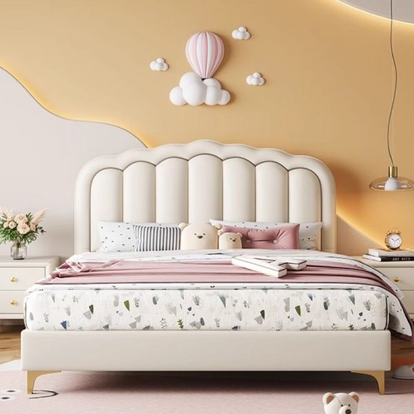 "Trendy White Upholstered Lift Up Storage Children Bed with Genuine Leather, Locker Storage, Headboard, and Coir Mattress"