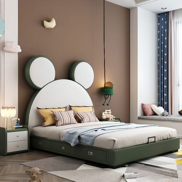 "Chic Emerald Green Trendy Upholstered Standard Children Bed with Faux Leather Headboard & Underbed Storage"