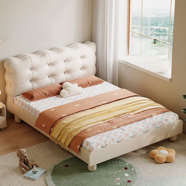 "Simplistic Ivory Upholstered Faux Leather Standard Kids Bed with Headboard, Coir Mattress Fill, Gender Neutral"