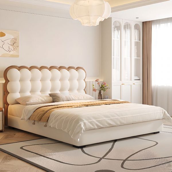 "Modish Beige Genuine Leather Gender Neutral Standard Kids Bed with Wood Frame and Headboard, Latex Mattress Included/Not Included"