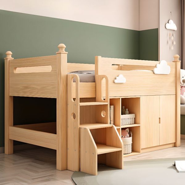 "Contemporary Natural Color Lumber Gender Neutral Underbed Surrounding Guardrail Kids Loft Bed with Ladder"