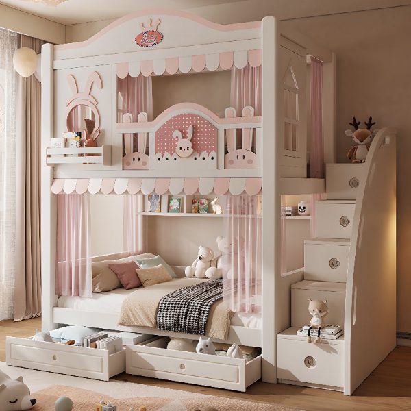 "Wood Pink Kids Bunk Bed with Trundle Bed Mattress, 4 Drawers/7 Drawers & Slide & 1 Cabinet Included/Not Included"