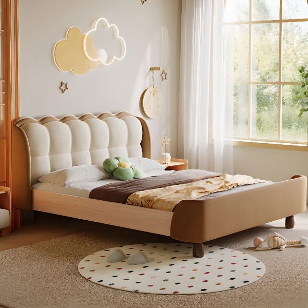 "Elegant Natural Color Velvet-like Upholstered Standard Kids Bed with Modern Style, Mattress, Headboard & Footboard"