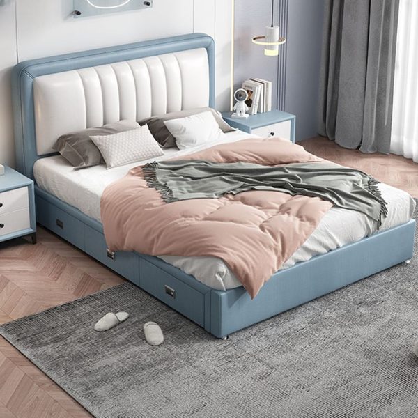 "Cerulean Faux Leather Upholstered Standard Kids Bed with 3 Drawers Underbed, Headboard & Latex Mattress"